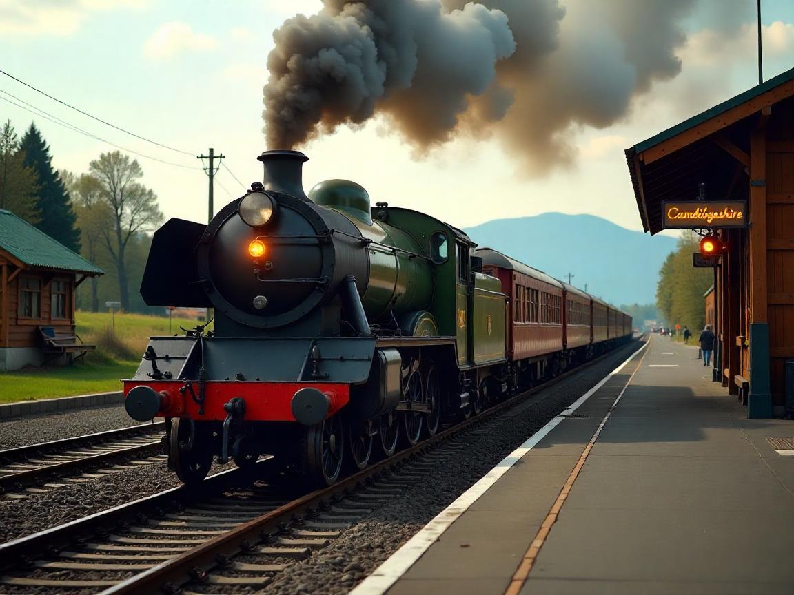 A steam locomotive puffs into Cambridgeshire station, blending nostalgia with scenic beauty.